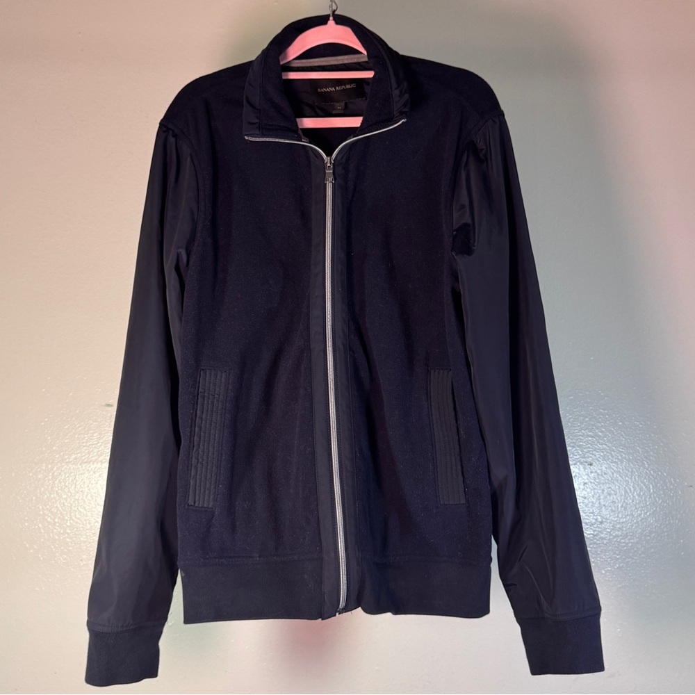 Banana Republic Men’s Mixed Media Full Zip Fleece Jacket - Navy Blue - Size M - Picture 3 of 5